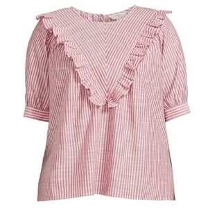 Terra & Sky Blouse Pink Striped Ruffle V-Neck Short Sleeve 1X Women
